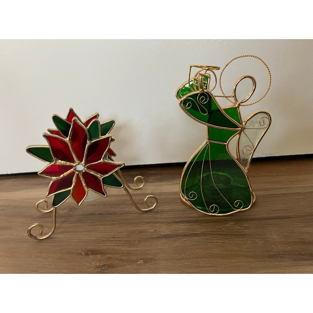 2 Vintage Stained Glass Christmas Angel & Poinsettia Candle Holders Gift Present